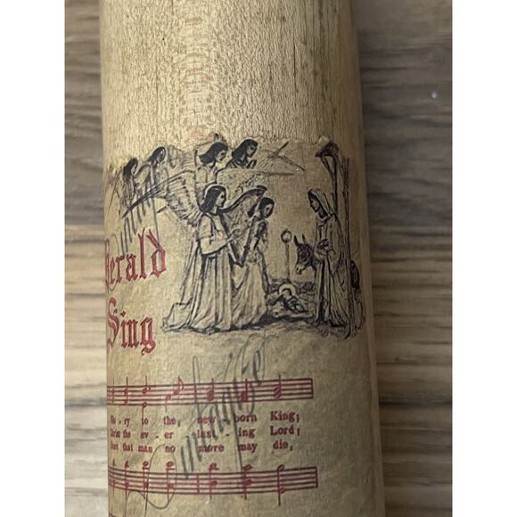 VTG Look Wood Rolling Pin Christmas Decor Red Handles Hark the Herald Farmhouse - Picture 4 of 9